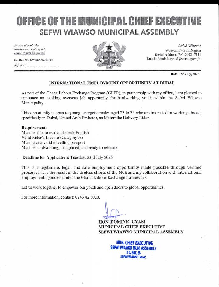 Sefwi Wiawso MCE Announces New Overseas Job Opportunities for Youth, Targeting Motorbike Specialists
